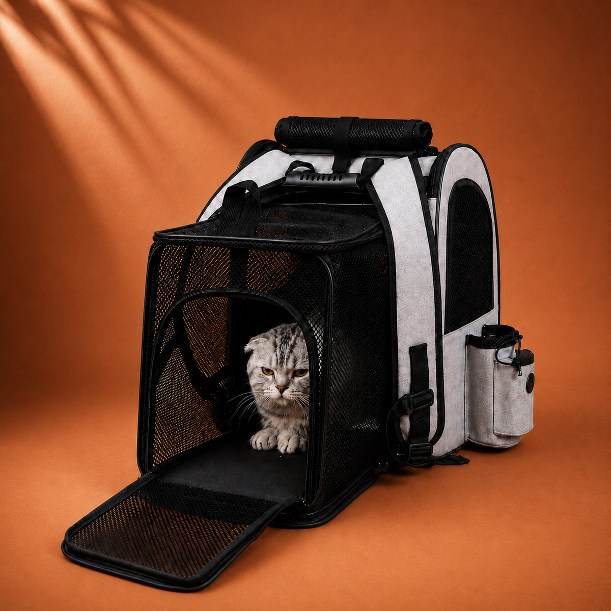 Sac à dos de transport pour chat gris, vue de dos avec chat.