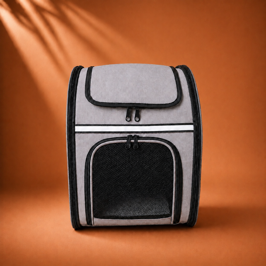 Sac à dos de transport pour chat gris, vue de face.