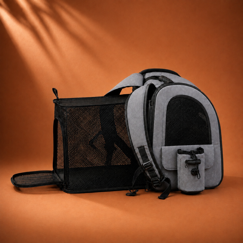 Sac à dos de transport pour chat gris, vue de profil droit.