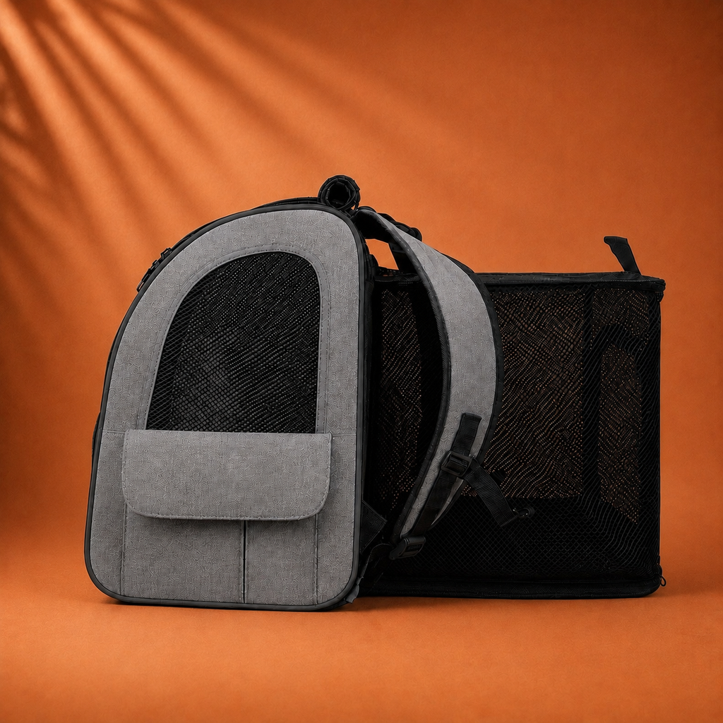Sac à dos de transport pour chat gris, vue du profil gauche.