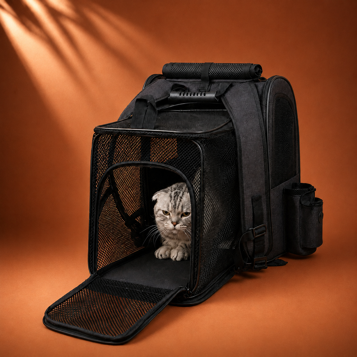 Sac à dos de transport pour chat noir, vue de dos avec chat.