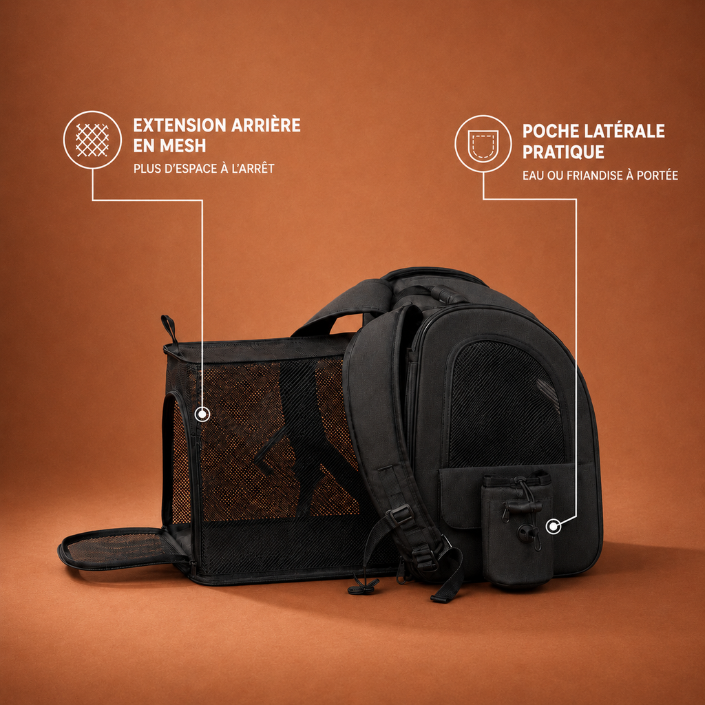 Sac à dos de transport pour chat noir, vue de profil droit.