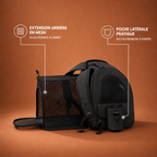 Sac à dos de transport pour chat noir, vue de profil droit.