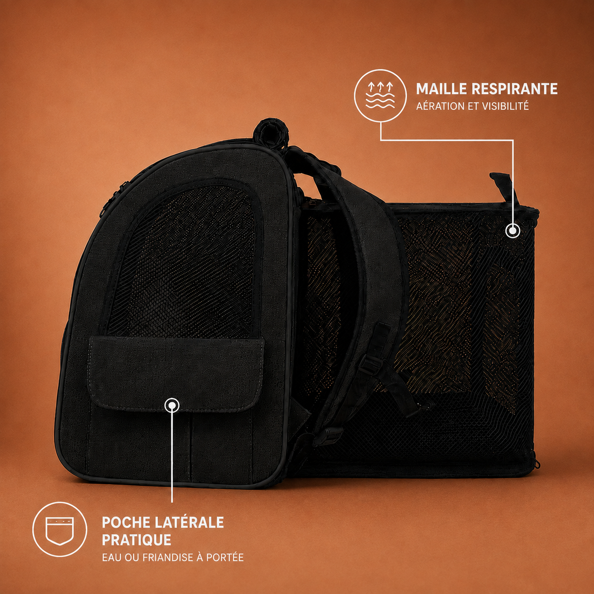 Sac à dos de transport  pour chat noir, vue du profil gauche.