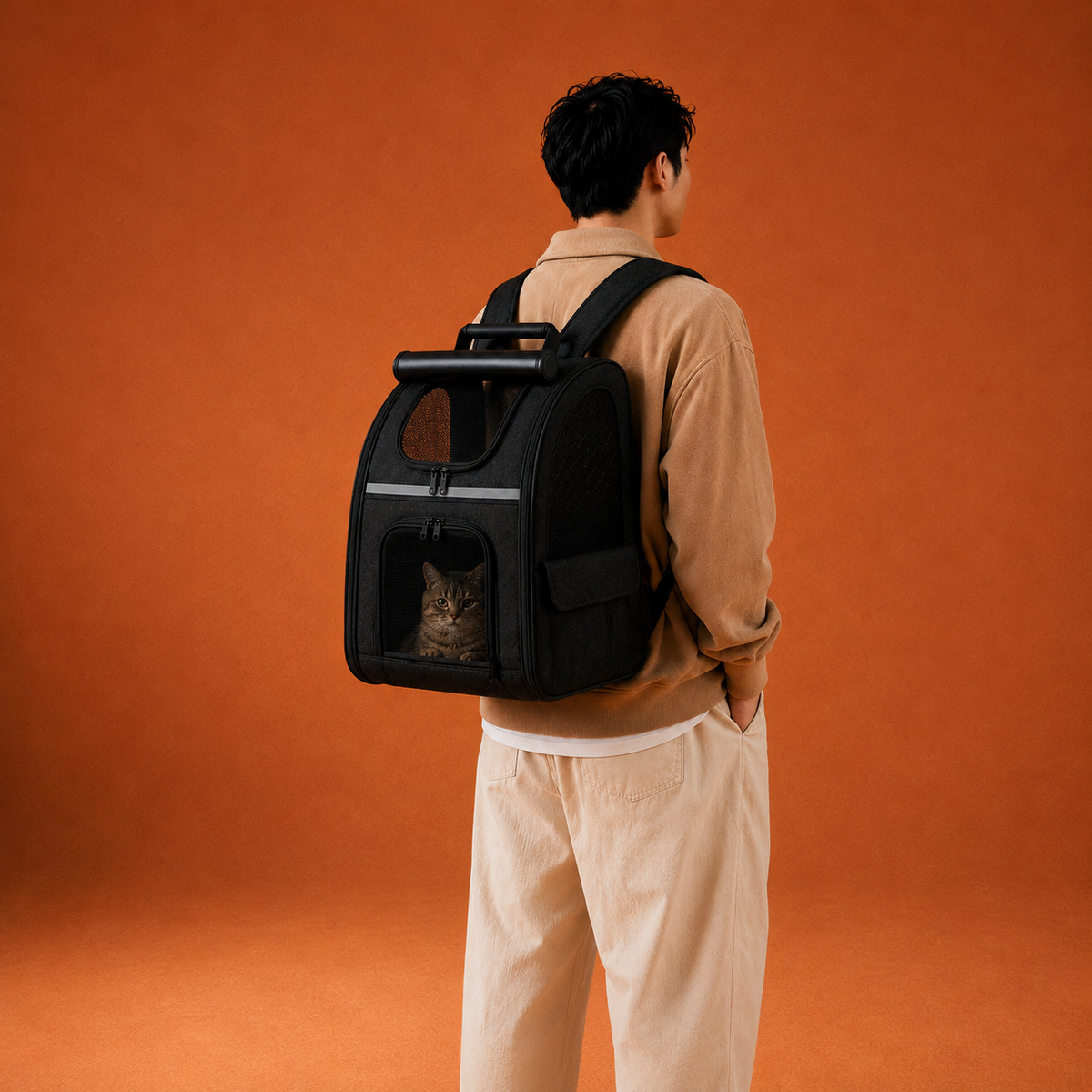 Sac à dos de transport pour chat porté.