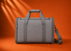 Vue arrière d'un sac de transport pour chat gris.