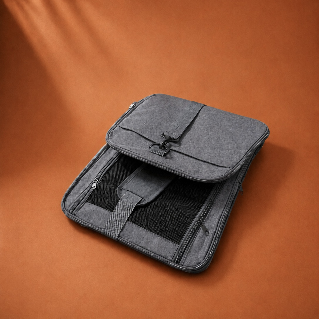 Sac de transport pour chat gris replié à plat pour le rangement