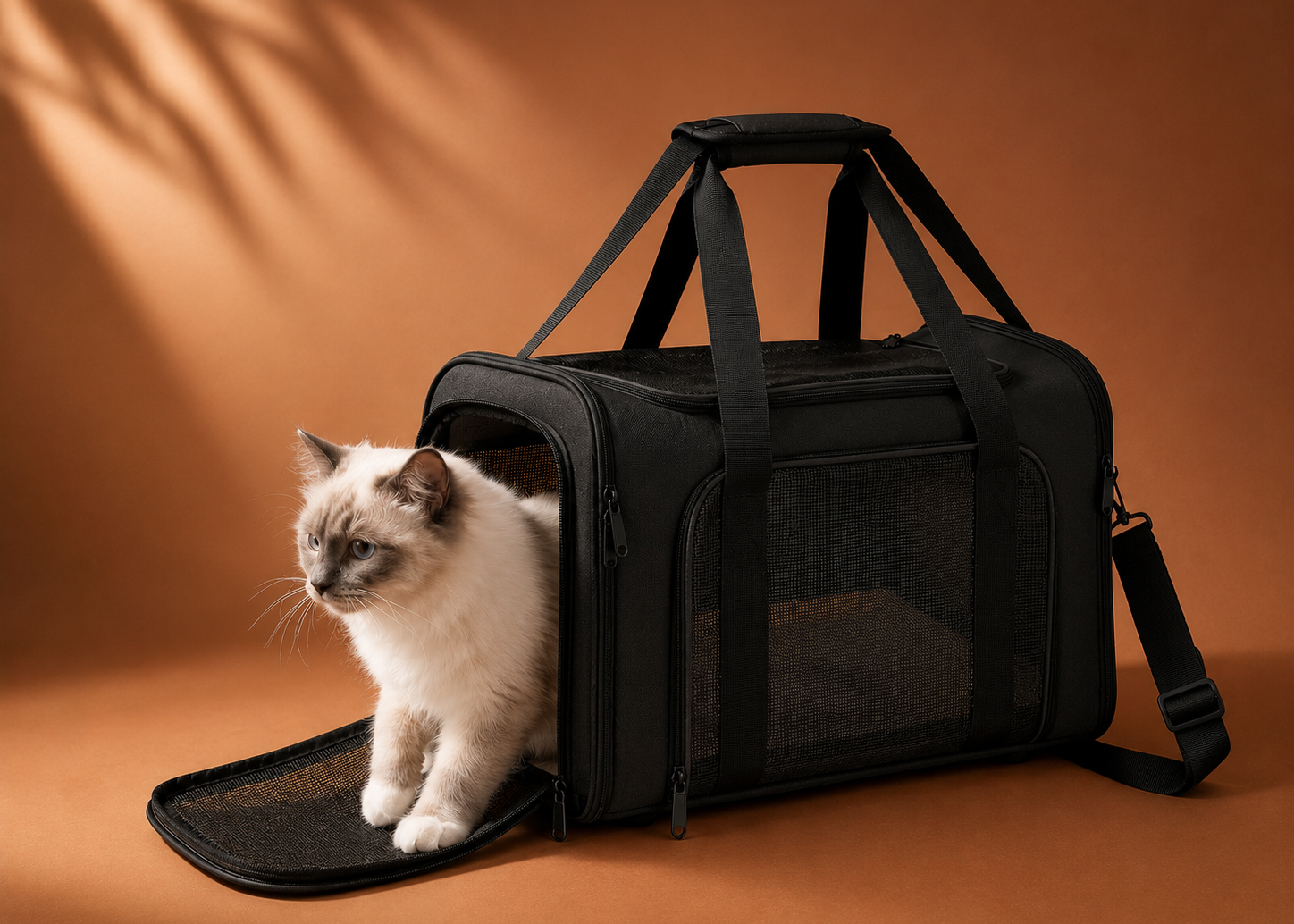 Chat installé dans un sac de transport noir avec grande ouverture en mesh.