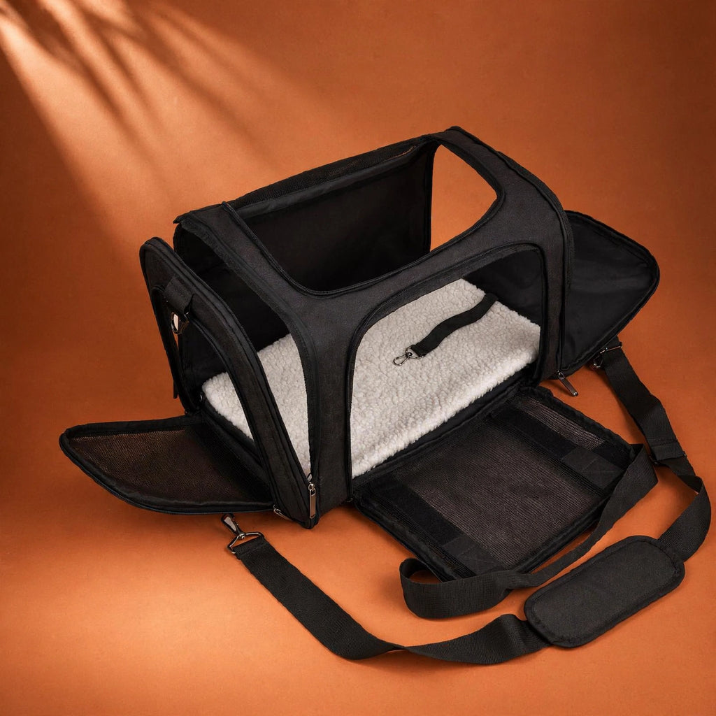 Sac de transport pour chat noir ouvert, intérieur visible