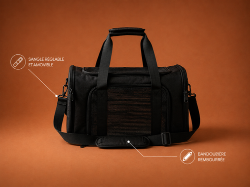 Sac de transport pour chat noir avec panneaux en mesh, vue de face.
